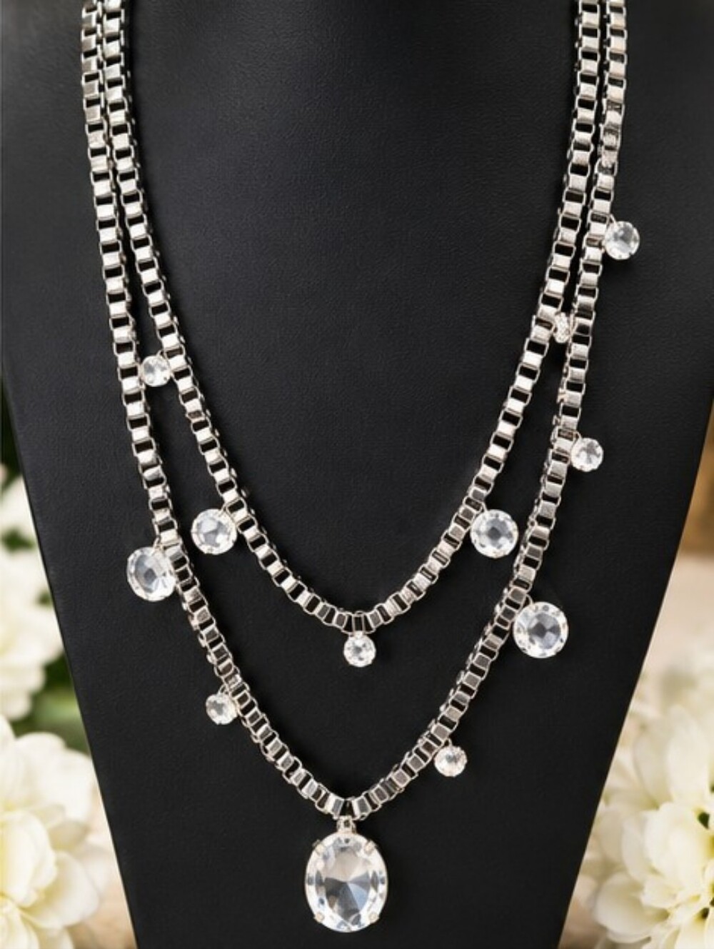 PUNCH Silver Tone Glass Crystal Double Strand Statement Necklace NWT